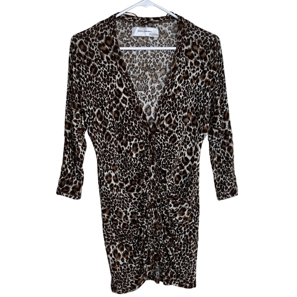 Zara Collection Viscose Deep V Button Down Tapered Animal Print Shirt Medium